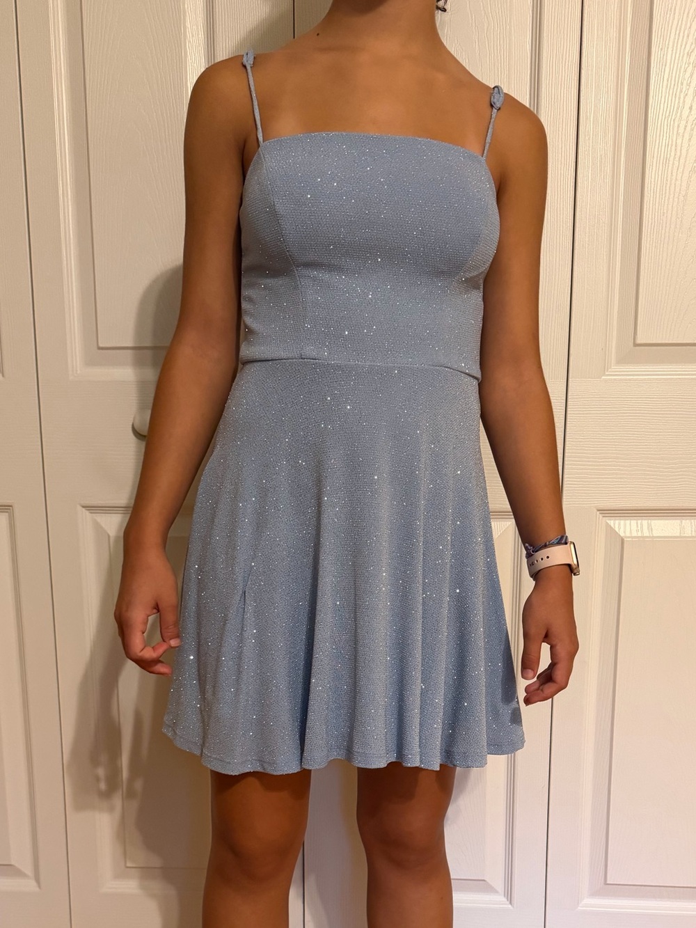 B. Smart Light Blue Sparkle Spaghetti Strap Mini Dress